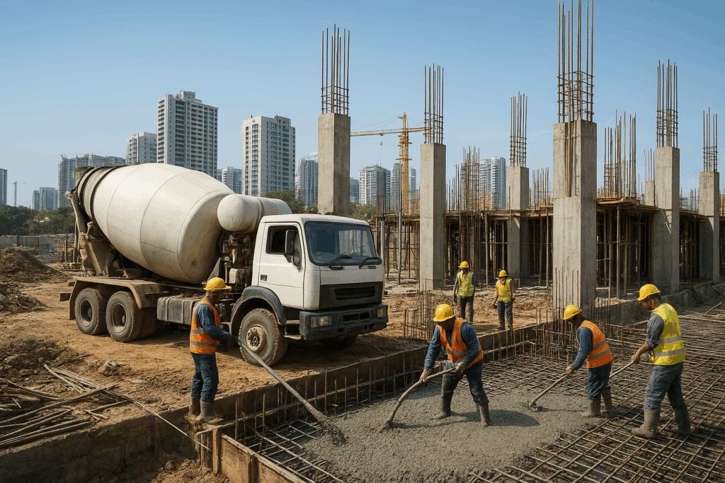Ready mix concrete being used at a construction site in Bangalore