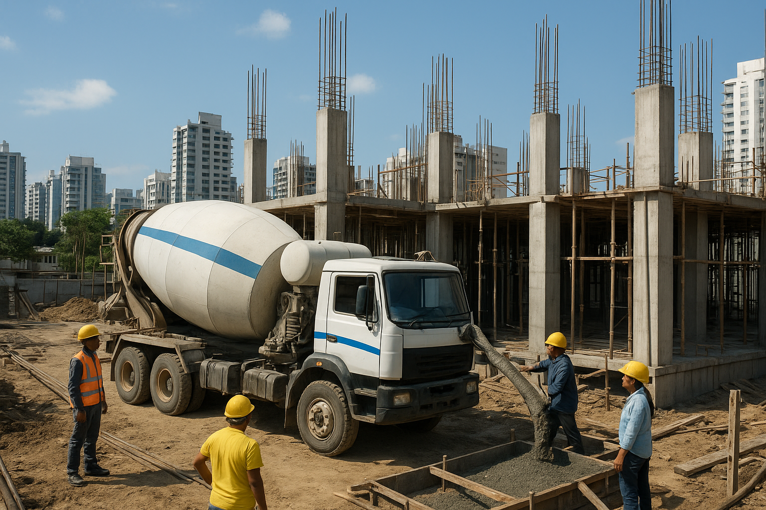 Ready mix concrete being used at a construction site in Bangalore