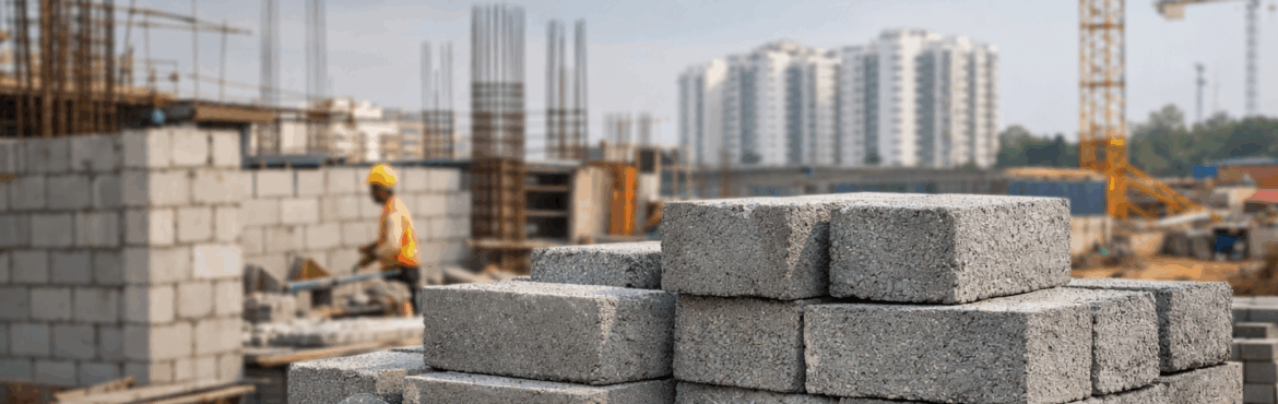 Concrete solid blocks used at a construction site in Bangalore for building walls
