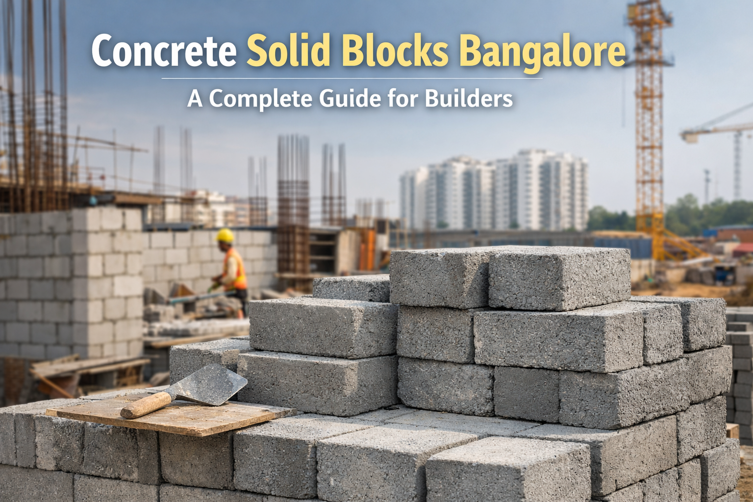 Concrete solid blocks used at a construction site in Bangalore for building walls