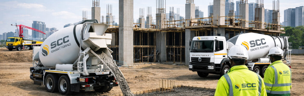 Ready mix concrete Bangalore construction site with transit mixer