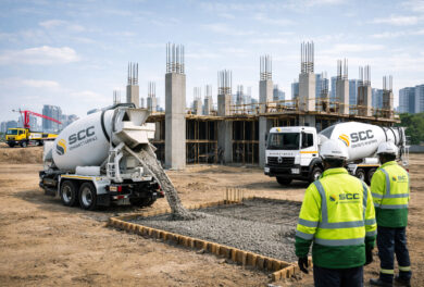 Ready mix concrete Bangalore construction site with transit mixer