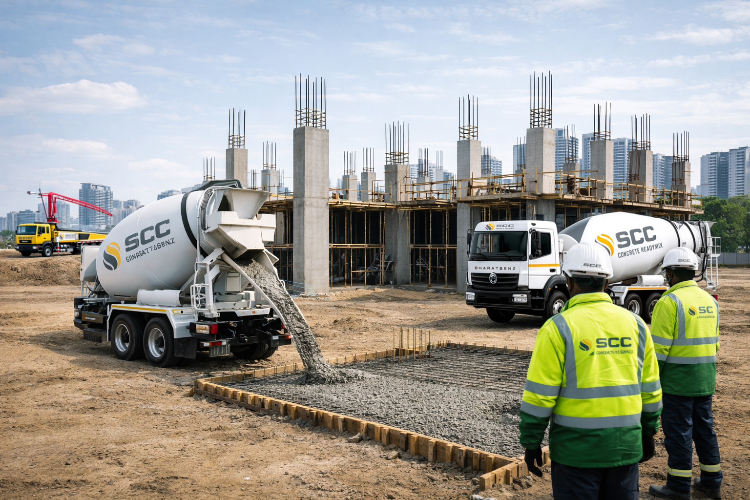 Ready mix concrete Bangalore construction site with transit mixer