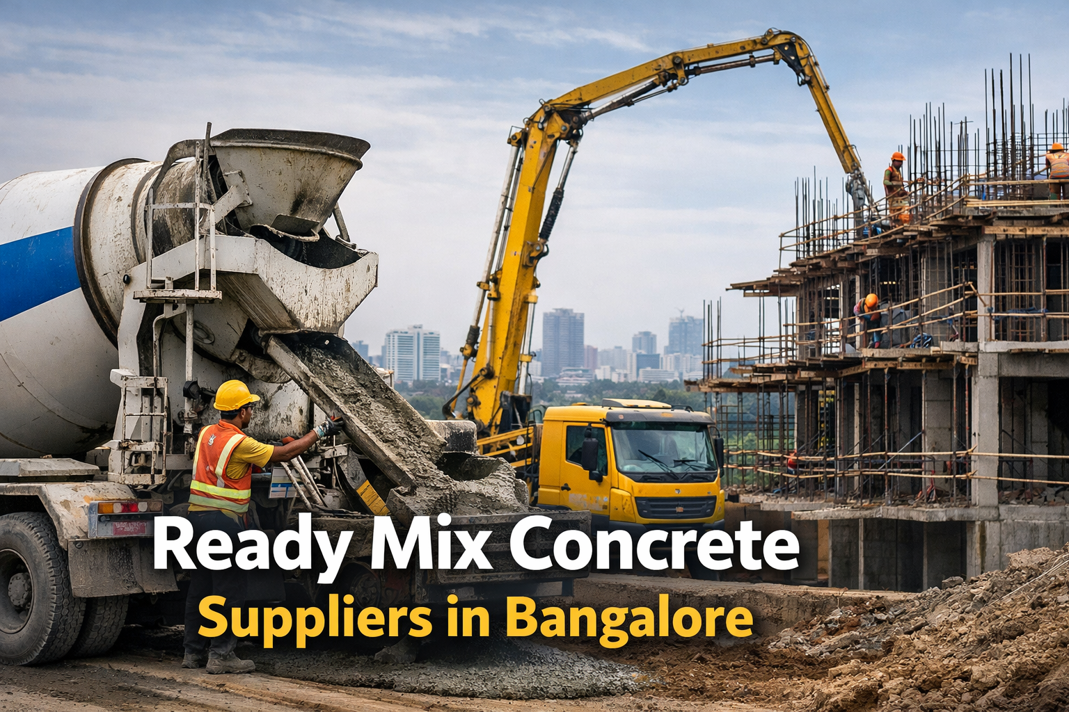 Ready mix concrete suppliers in Bangalore delivering concrete to a construction site